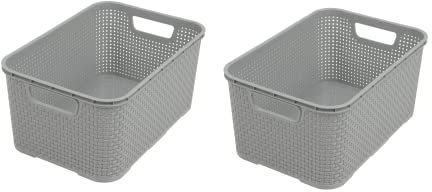 BranQ - Home essential Korb in Rattan Design 2er Set Grösse L 19 l, BPA-frei Kunststoff PP,Hellgrau, 38x27,8x18,5 cm, 2 STK 19l, 2er-Set 19l