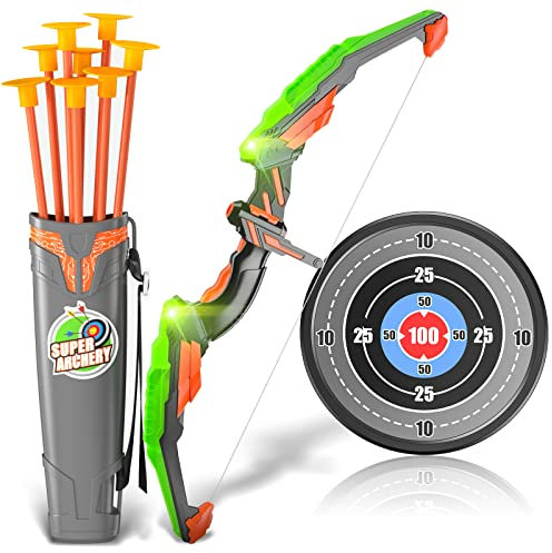 Doloowee Bow and Arrow for Kids Toys with LED Lights - Archery Set with 8 Suction Cups Arrows 1 Target 1Quiver, Indoor Outdoor Garden Games Toys for 3 4 5 6 7 8-12 Years Old Boys Girls (Green)
