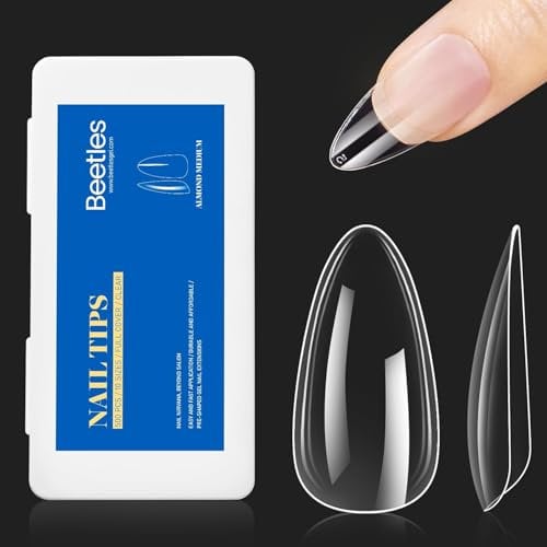 Beetles 500pcs Faux Ongles Moyen Amande, Acrylique Capsules Ongles Préformé Full Cover Soft Transparent Pose Ongle Pour Les Studios De Manucure en 10 Tailles, Medium Almond