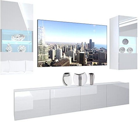 BELINI Wohnwand Vollausstattung Wohnzimmer-Set Moderne Schrankwand mit LED-Beleuchtung Anbauwand TV-Schrank Weiß