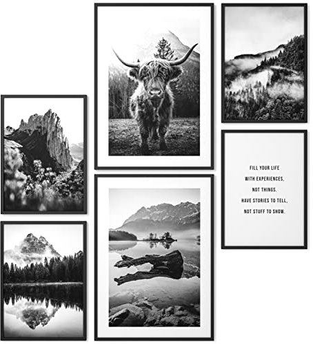 Papierschmiede® Mood Poster Set Highland Schwarz-Weiß, Bilder Wohnzimmer Deko Schlafzimmer, 2x 30x40 cm und 4x 21x30 cm, Büffel Natur Wald Berge - Wandposter ohne Rahmen