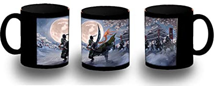 MERCHANDMANIA TAZA COMPLETAMENTE NEGRA paisaje wano, samurai, Roronoa Zoro, espadachín, Ronin black mug.