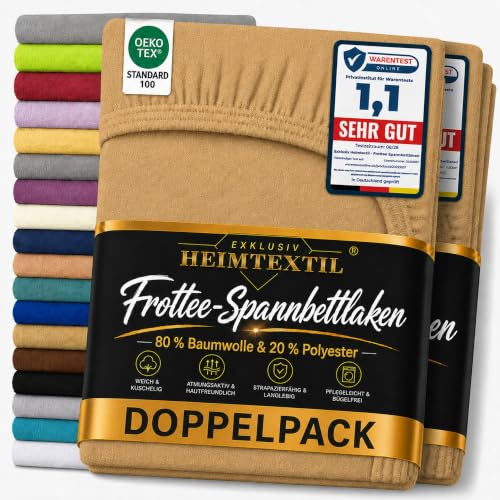 EXKLUSIV HEIMTEXTIL Frottee Spannbettlaken Marke Doppelpack 90 x 200 cm 80% Baumwolle, 20% Polyester Öko - Tex Zertifiziert, Markenqualität, Matratzenhöhe bis 25 cm, Sand