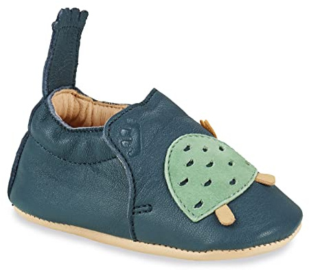 Easy Peasy Krabbelschuhe Blumoo Lauflernschuhe Jungen Mädchen Weicher Leder Baby-Hausschuhe Kleinkind rutschfest, Motiv-Schildkröte, Farbe-DenimBlau, Größe 0-6 Monate