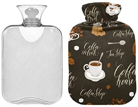 Tea Coffee Pattern Hot Water Bottle with Cover, 2 Liter Hot Water Bag for Pain Relief PVC Hand Feet Warmer, Hot Therapy