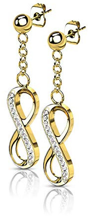Bungsa Damen-Ohrringe Infinity Ohrhänger Unendlichkeitszeichen mit Kristallen gold aus 316L Edelstahl