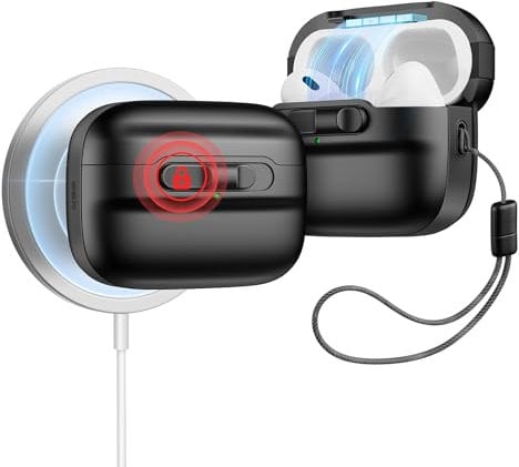 ESR für AirPods Pro 2./1. Generation Hülle (2023/2022/2019), MagSafe Ready, Magnetische Deckelverriegelung (USB-C/Lightning Kabel), Sturzschutz mit Trageband, Pulse Serie, Schwarz