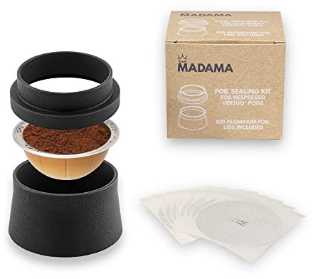 Madama - Kit de remplissage de capsules rechargeables et réutilisables compatible avec Nespresso Vertuo et Vertuoline, avec 100 couvercles en aluminium adhésifs