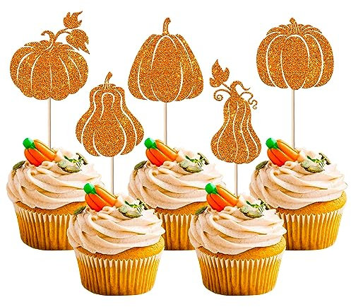 30 Stück Halloween Kürbis Tortendeko Glitzer Allerheiligen Kuchen Deko Pumpkin Cupcake Toppers für Baby Dusche Fledermäuse Geburtstag Herbst Party Dekorationen