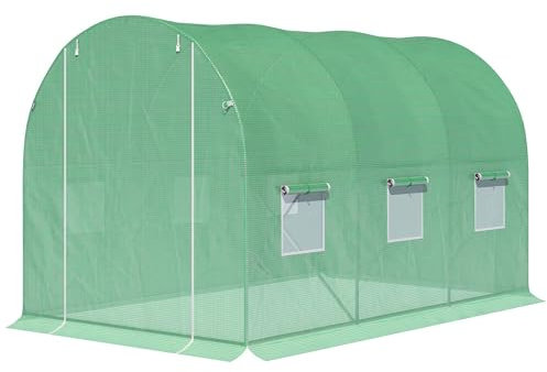 Outsunny Tunnel Serra da giardino superficie al suolo 6 mq dim. 3 x 2 x 2 m telaio tubolare rinforzato porta a battente 6 finestre arrotolabili verde