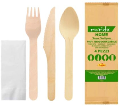 SOLEPLASTIC Posate Usa E Getta In Legno Imbustate Con Tovagliolo Tris Di Posate Monouso 500 Pz