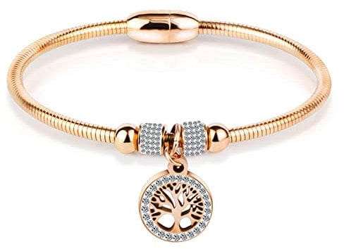 LSxAB Women Girls Rose Gold Tree of Life Charm Bangle Bracelet Magnetic Clasp Stainless Steel Bracelets Jewellery Gifts