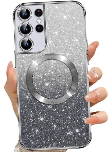 Phoona für Samsung Galaxy S21 Ultra 5G Hülle, Glitzer Hülle Kompatibel mit MagSafe, Keine Vergilbung, Kratzfeste, Ganzkörperschutz Magnetisch Handyhülle für Samsung S21 Ultra, Schwarz