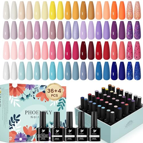 Gel Nail Polish Set, Phoenixy 36 Colours 72 Effects U V Gel Nail Polish with Glossy Matte Base Top Coat, Red Blue Purple Orange Soak Off Nail Kit Gift for Women