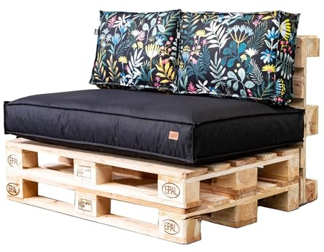 GoldenGroup Gartenset Kissen für Palettenmöbel Schwarz & Wiese - Strapazierfähiges Gewebe - Palettenkissen Set Gefüllt mit Schaumgranulat - 120x65x15 Sitzkissen - 120x40x10 Rückenkissen