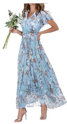 FZKun Women's Chiffon Floral Maxi Dress - Summer Elegant Boho Long Flowy Dresses Ruffle Sleeves V Neck Vacation Beach Outfit Wedding Guest Engagement Cocktail Party (S,Blue)