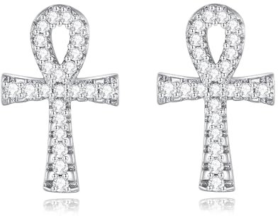 Ohrringe Silber Creolen Silber, Kupfer Huggie Ohrringe Creolen mit Versilbert, Statement Ohrringe Damen, Hypoallergen Leicht Schmuck Damen, Geschenke für Frauen (Ankh Cross)
