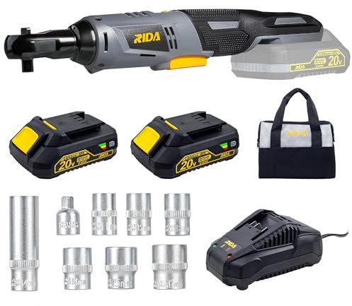RIDA Cordless Ratchet Wrench Set 60N.m 20V Electric Ratchet Wrench, 3/8 Electric Ratchet Tool Kit with 2 x 2.0AH Lithium-Ion Battery, Battery Powered Ratchet with 7 Sockets and Fast Charger