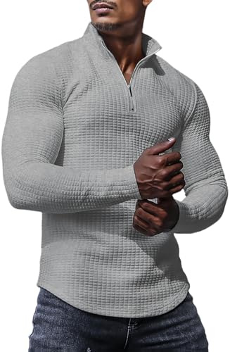 KUYIGO Men's Zipper Polo Shirts Long Sleeve Quarter Zip Casual Slim Fit Mock Neck Waffle T-Shirt for Men XL Light Grey