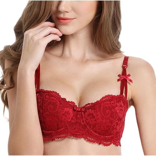 HLYLDL Women's Mesh Balconette Bra Sexy Lace Plus Size Push Up Underwire Bras Lace Half Cup Bra Red
