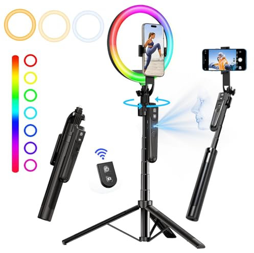 Auto Face Tracking 360 Rotation with 10 RGB Ring Light, Phone Tripod & Selfie Stick with Remote for Cell Phone 4-7, Motion Sensor for Live Stream Vlog Video Recording