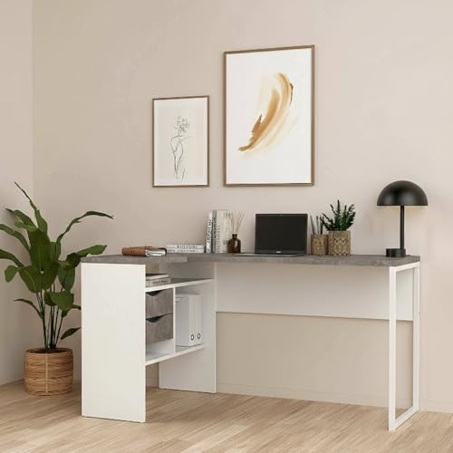Dmora - Schreibtisch Patience, Mehrzweckschreibtisch, Bürotisch für PC, Eckschreibtisch, 145x81 h77 cm, Weiß und Grau
