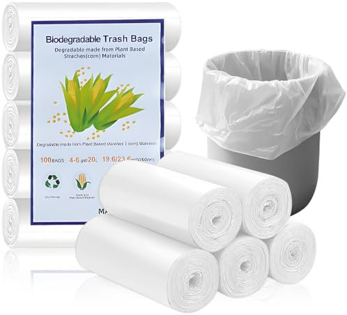 Food Waste Bags, 100 Pcs Biodegradable Bin Bags Liner, 20 Litre Compostable Compost Caddy Liners Recycled Degradable Rubbish Garbage Bags for Kitchen Office(White 60 x 50cm)