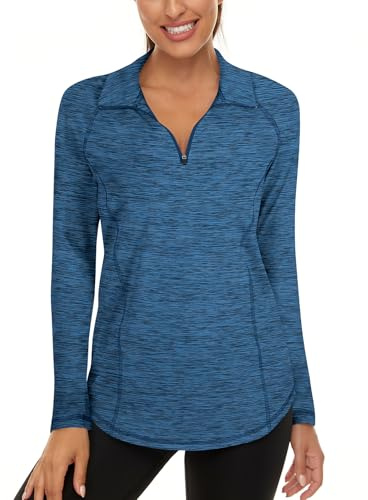 Akiooue Long Gym Tops for Women,Running Tops for Women UK Ladies Golf Tops Yoga Tops for Women 1/4 Zip Up Jackets Workout Tops Blue Black