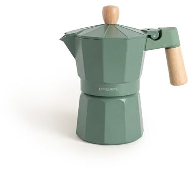 CREATE / THERA MOKA RETRO/Italienische Kaffeemaschine Salbeigrün 350ml / 6-Tassen Fassungsvermögen, aus Aluminium, Sicherheitsventil, geeignet für Gas-, Elektro- oder Vitroherd.