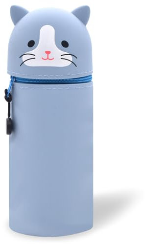 DGTSYAL 2 in 1 Weiche Silikontasche Kawaii Federmäppchen, Tischstifthalter, Reißverschluss, Silikon, Stiftetasche Buntstifte Marker, Büro, Uni, niedlicher Schulbedarf, Mädchen (Blaue Katze)