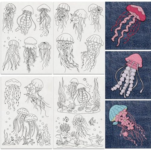 DOODLREAM 16 Stück Stabilisatoren Für Stickmuster In Quallenform 21 x 29.7cm Große Wasserlösliche Stick Und Sticksticker Mit Meerestieren 4 Blatt Quallen Seegras Stickpapier Zum Nähen Und Basteln