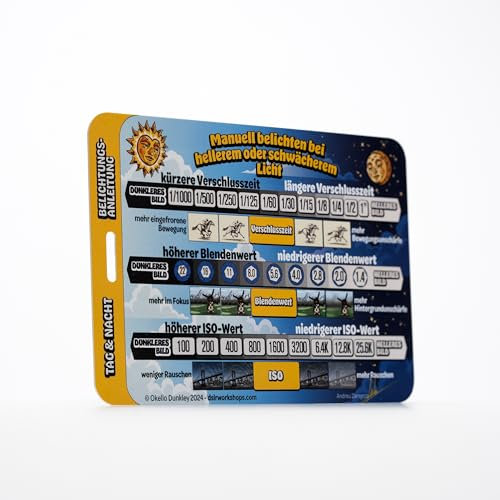 Manueller Modus Fotoklasse auf einer Karte & Belichtungsanleitung - Manueller Modus Spickzettel zum Lernen von ISO, Blende & Verschlusszeit - Befestigung am Kameragurt oder Tasche (deutsche