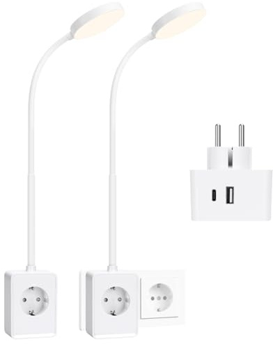 Aigostar Lampara de Lectura LED con Enchufe y Toma de Corriente， Salidas USB y Tipo C， Luz de Pared con Control Táctil， 3 Colores de Luz， Tubo de Luz Flexible Ajustable en 360°， Blanco， 2pcs