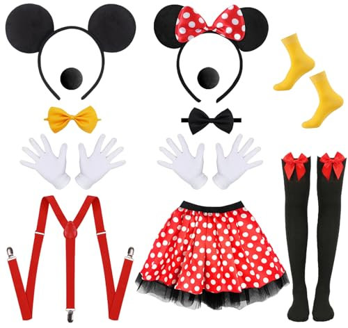 Xerteam 12 Pcs Cute Mouse Costume Set, Carnival Fancy Dress Mouse Costume with Mouse Ear Headbands Bow Ties Noses Gloves Suspender Tutu Skirt Socks for Women Men, Cosplay Costume for World Book Day