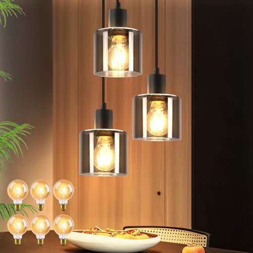 ZMH LED Pendelleuchte Esstisch Hängelampe - 3 Flammig Esstischlampe Hängend E27 Hängeleuchte Vintage Esszimmerlampe Schwarz Retro Pendellampe für Küche Esszimmer Wohnzimmer, 6 x G80 Glühbirne inkl.