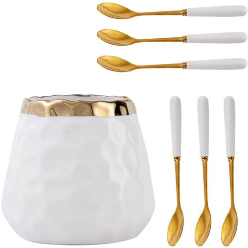 Lot de 7 cuillères à café, pot en céramique avec 6 cuillères, cuillère à dessert avec support, petite cuillère créative pour café, crème glacée, gâteaux, desserts, fêtes