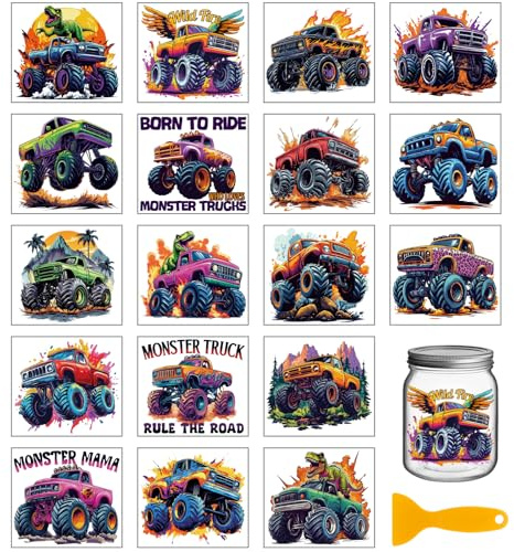 GLOBLELAND 18 Blatt Monster Truck Transferaufkleber 3.9x3.6 Zoll Transport Dinosaurier Bunter Transferaufkleber Zum Aufreiben Für Tassenaufkleber Vasen Glas Kunsthandwerk Dekorationen