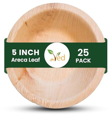 Ved 25 Bol en feuille d'arec biodégradable et écologique Petit 5 12 cm (250 ml), Bols de service jetables ronds profonds, compostables, pour salade, fête.