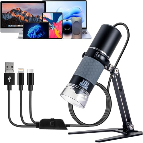Jiusion 1080P USB Digital Handheld Microscope, 50 to 1000x Magnification Endoscope Full HD 1920x1080P Camera 8 LEDs with Metal Stand for iPhone&iPad Android Mac Windows Linux Chrome | 1920x1080P 8 LED Handheld Endoscope Mini Camera with Metal Stand, Compatible with iOS Android Windows Mac Linux Chrome