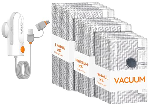 VACKFOX vakuumbeutel mit elektrischer pumpe mit USB- und Type-C-Pumpe,15-teilige vakuumbeutel,handgepäcktaugliche kompressionsbeutel,platzsparend für Kleidung(Grau)