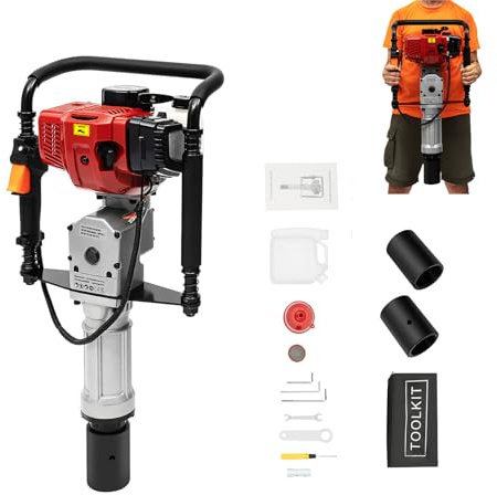 HUOMMGS Benzin Pfahlramme 2 Takt Motor Erdbohrer 52CC 1900W Pfostentreiber mit 55 & 70mm Hülsen Benzin Rammgerät Hand Zug Start Fahlramme für Gebäude, Leitplanken, Halterungen