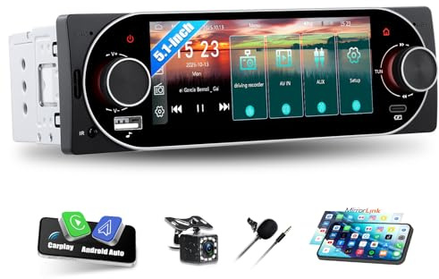 CAMECHO Autoradio 1 DIN Inalámbrico Carplay Android Auto Bluetooth 5,2 con Cámara Trasera, 5,1 Pulgadas Pantalla Táctil IPS HD con Control de Volante de Enlace de Espejo FM +Conectores USB Tipo C