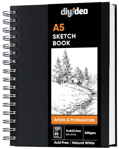 DIYIDEA Skizzenbuch A5 200 g/m2 100 Seiten Spiralbindung Hardcover | Skizzenbuch 200 g/m2, Hardcover, Spiralbindung, perforierte Seiten, für Bleistift, Kohle, Graphit, Pastell