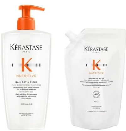Kerastase Nutritive Bain Satin Riche Shampoo Refillable Bottle 500ml & Shampoo Refill Pouch 500ml Duo