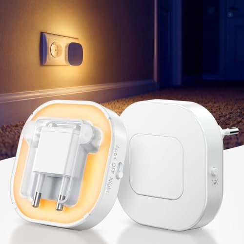 daphomeu LED Nachtlicht Steckdose mit Bewegungsmelder & Dämmerungssensor | 2er-Set, Dämmerungssensor, 1800K, 5 Helligkeitsstufen, klappbarer Stecker, für Kinderzimmer, Flur & Bad, V0 feuerfest