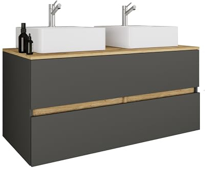 VCM 3-TLG. Doppelwaschtisch Cosila mit 2 Keramikbecken – Badschrank mit 2 Softclose-Schubladen, Maße Waschplatz Set: H. 51 x B. 111 x T. 51 cm, Cosila-A