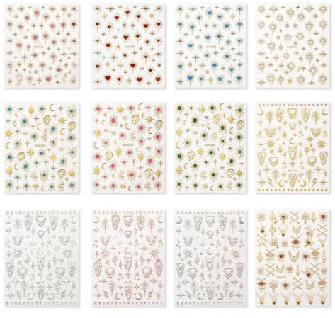 12PCS Nail Stickers Nail Art Stickers Sun Heart Moon Star 3D Self Adhesive Holographic Gold Nail Stickers Nail Art Stickers for Nail Art Manicure Decoration Women DIY Nail Design
