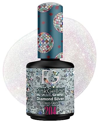 Pink Gellac Gel Nagellack UV, Veganes Nagelgel - 204 Diamond Silver 15 ml | Gelnagellack für UV Lampe, Einfache Anwendung Nail Polish für 14 Tage Salonqualität, Gellack Made in Holland