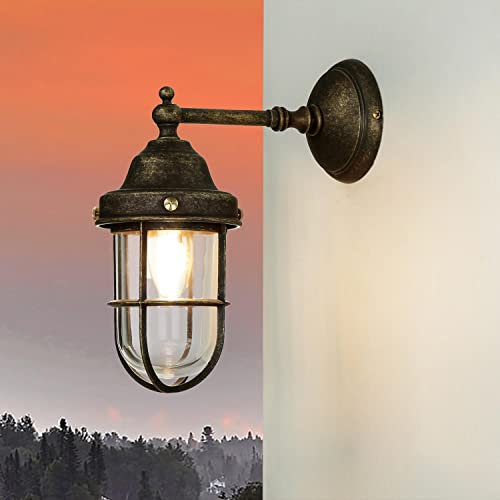 Licht-Erlebnisse Outdoor Wandleuchte Messing Glas in Bronze Antik matt IP44 Eingang Haus T:21 cm E27 Rustikal Maritime Wandaußenleuchte Garten