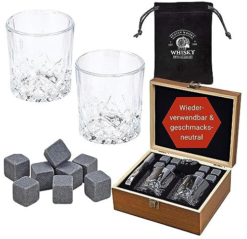 WOMA Whisky Steine Set I 8 Kühlwürfel aus Basalt inkl. 2 Whiskey Gläser & Edelstahl Zange & hochwertiger Holzbox I Wiederverwendbare Eiswürfel für Whiskey Wodka Gin Rum Tequila & Cocktails